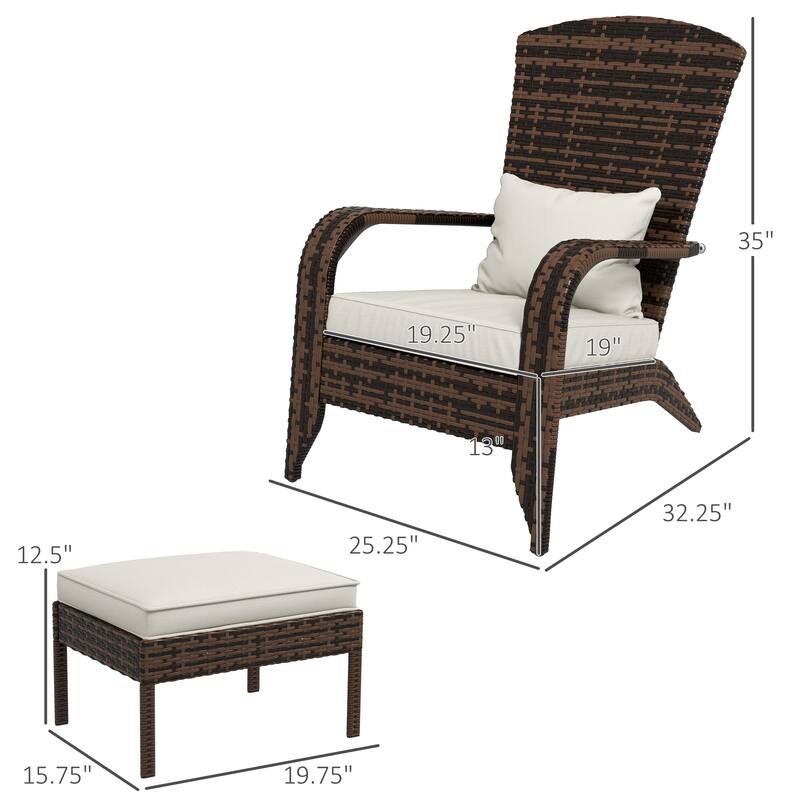 Outdoor Wicker Adirondack Chair with Ottoman, High-Back Lounge Chair with Cushions for Fire Pit, Porch, Patio