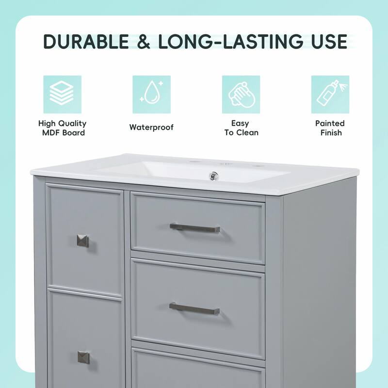 30" Bathroom Vanity with Ceramic Sink, Flip-Out Plumbing Drawer, Soft Close Doors & Drawers
