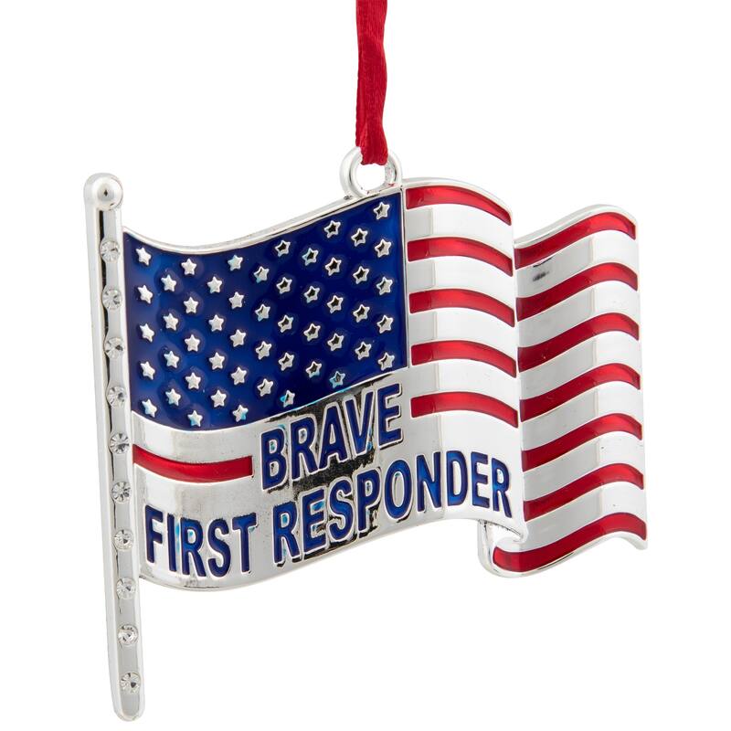 2.75" Silver-Plated First Responders Flag Ornament European Crystals