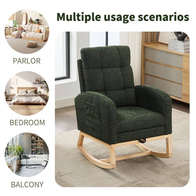Modern Accent Rocking Chair Solid Wood Legs Upholstered Nursery Glider Teddy High Backrest Living Room - Dark Green