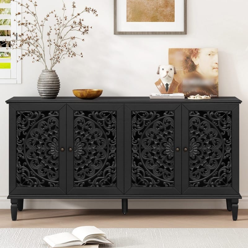 60" Antique Buffet Sideboard with Floral Carvings Solid Wood Legs and Adjustable Shelves for Versatile Storage - Black