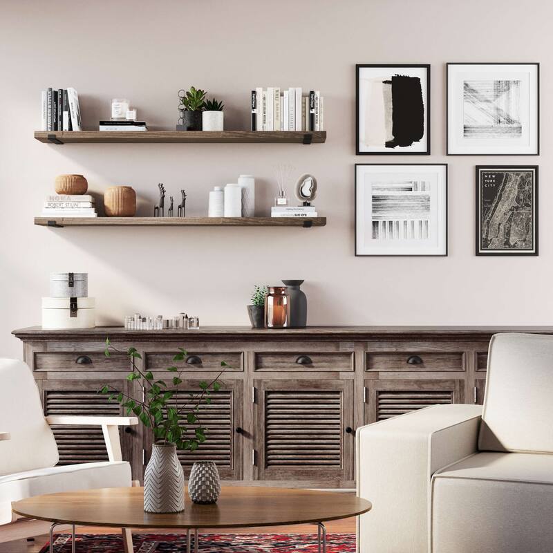 Wallniture Forte Wood Board 60" Long, 9.25'' Deep, 1.5" Thick, Floating Shelf for Wall, Living Room Shelf, Rustic, Dark Walnut