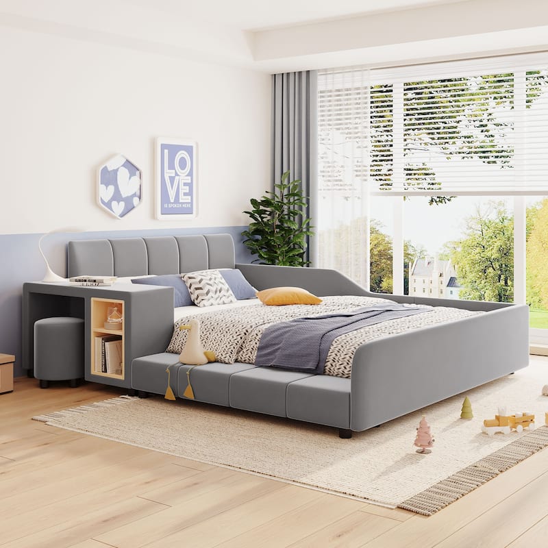 Full Size Upholstered Grounded Bed, Mother & Child Bed with Bedside Desk and Little Round Stool, Velvet
