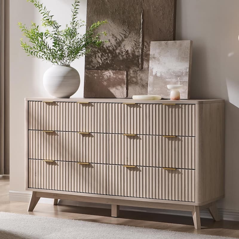 Modern Fluted 6 Drawers Dresser, Chest of Drawers, Dresser TV Stand - White Alder