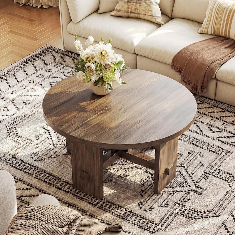 31.5-Inch Round Coffee Table with Pedestal, Farmhouse Accent Furniture for Living Room, Apartment