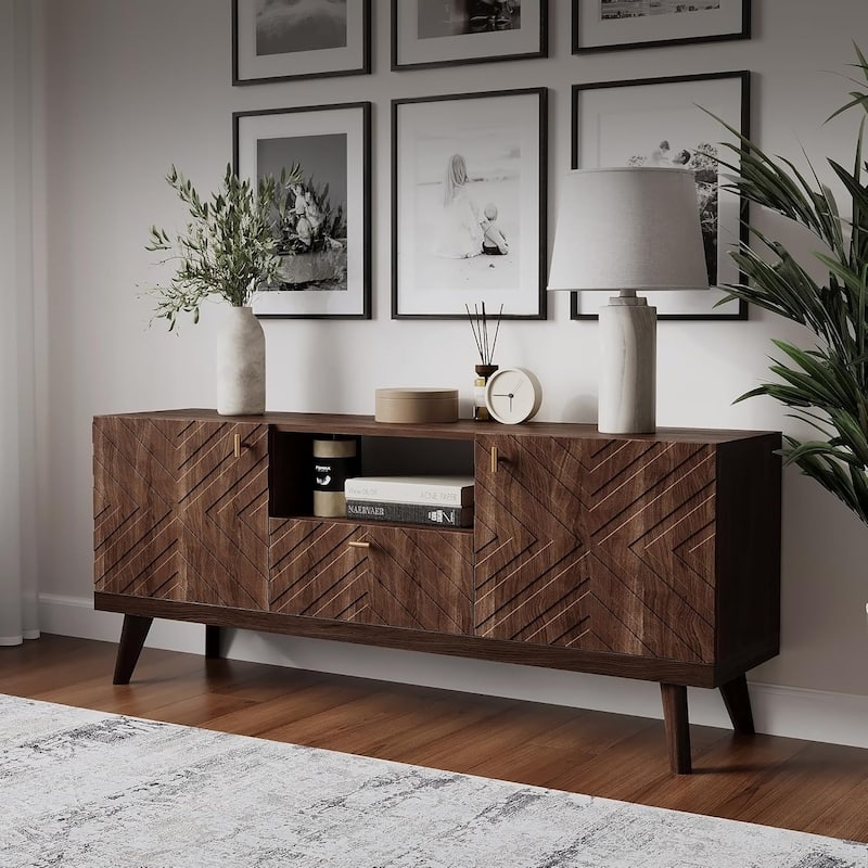 Living Skog Alba Beige TV Stand Console with Drawer Fits TV's up to 65 in. with Wood Legs Mid Century Modern Design - Brown