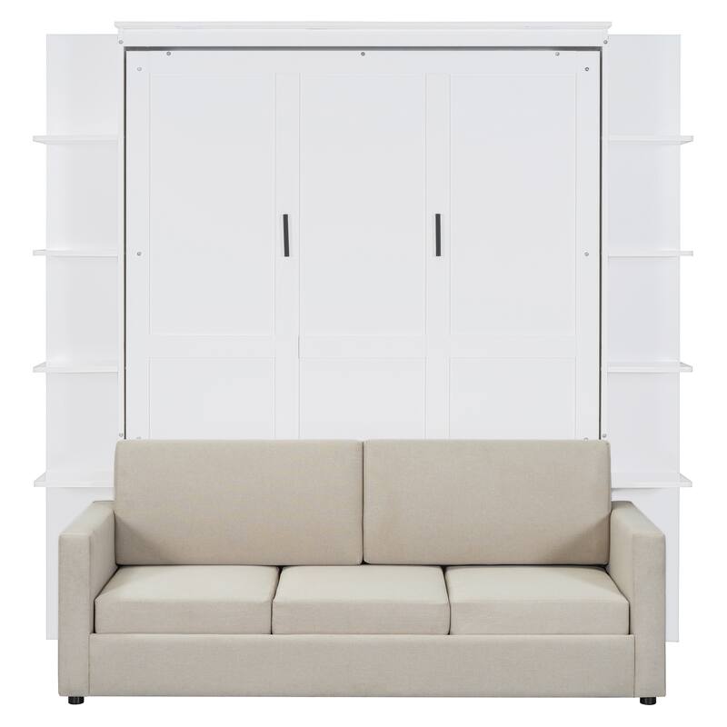Queen Murphy Wall Bed with Built-In Sofa, Fold-Away Design, and Storage Cabinet for Space-Saving Living Spaces