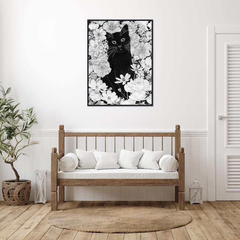 Little Black Garden Cat by Ec Mazur Framed Canvas Wall Art