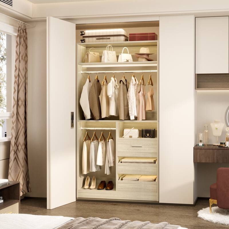 36'' W Freestanding Walk-in Closet Organizer System with 2 Hanging Rods and 3 Wood Drawers