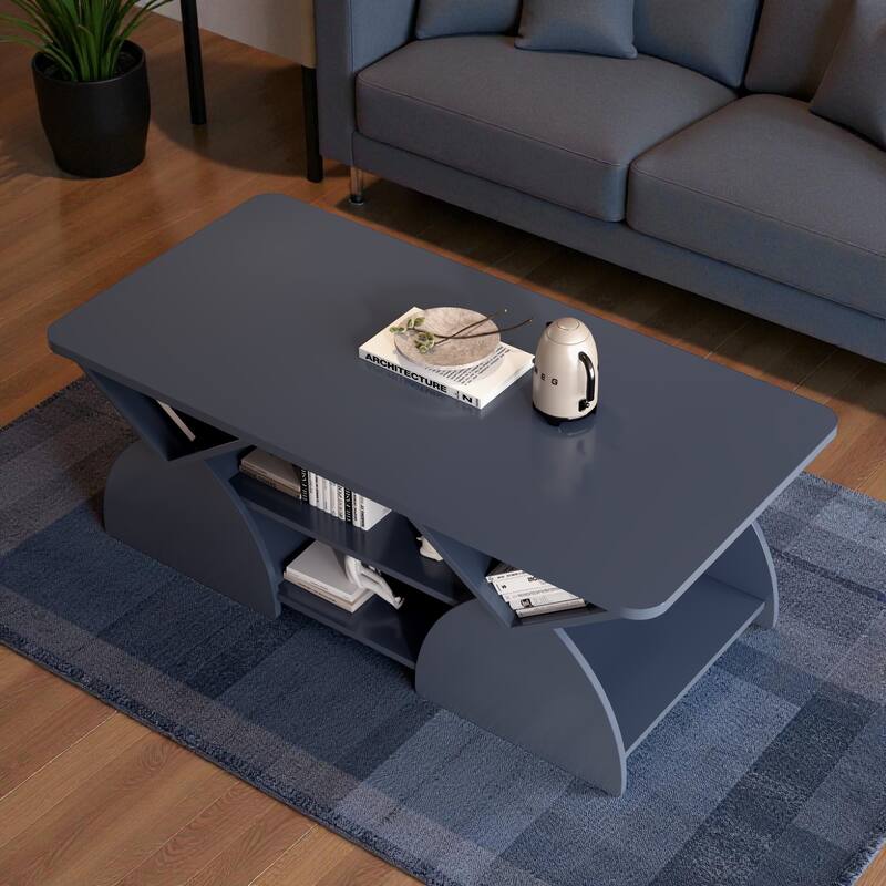 47.2'' Modern Engineered Wood Coffee Table with Open Storage Shelves, Rounded Corners & Sturdy Frame for Living Room