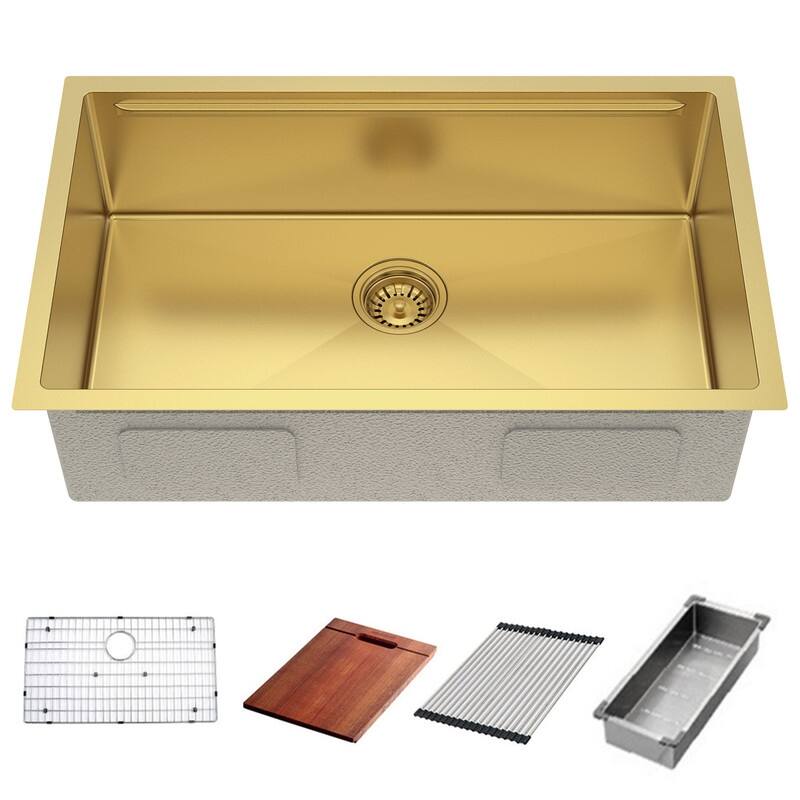 HIGOLD 30 inch Single Bowl Kitchen Sink Undermount,Stainless Steel Nano Sink, PVD Gold