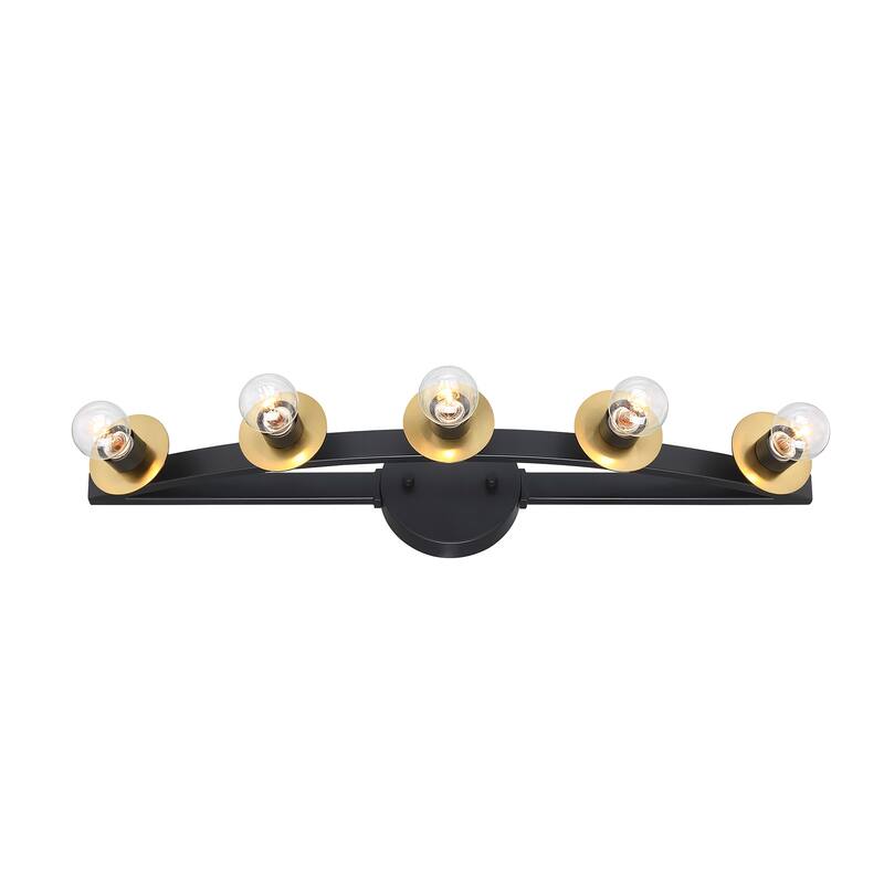 Harmoni 24.25 in. 5-Light Matte Black Vanity Light with Brushed Gold Disk Accents for Bathrooms