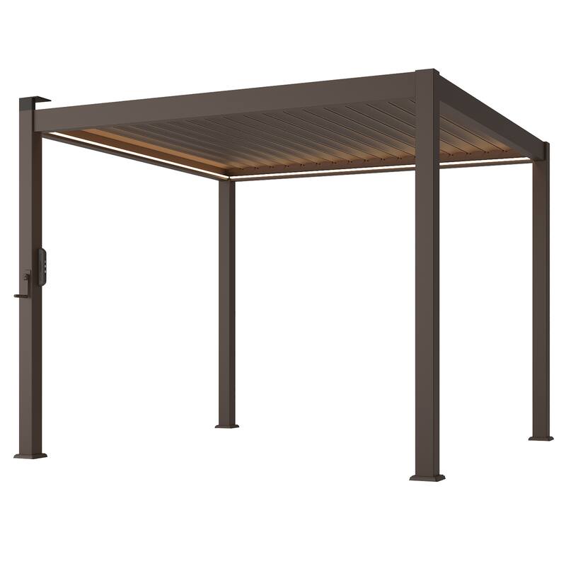 BONOSUKI Outdoor Aluminized Steel LED Louvered Pergola with Adjustable Roof, Brown