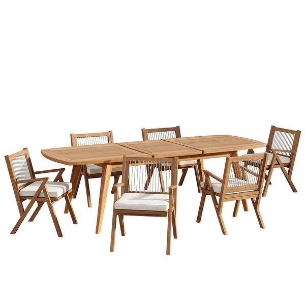 slide 2 of 9, Roomfitters Outdoor Expandable Dining Set 7 Piece Acacia Wood Table Rope Woven Chairs, 71-95 Inch, Teak Grey Cream+Grey,Teak