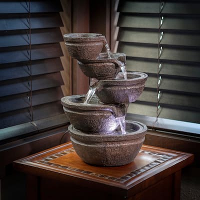 Alpine Corporation 13" Tall Indoor/Outdoor Tabletop Tiering Bowls Fountain with LED Lights