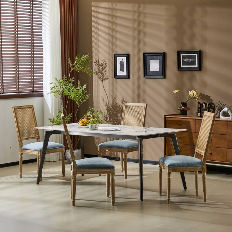 [Set of 4] French Country Dining Chairs - Elegant Cane Backrest & Upholstered Seats with Fluted Legs- Solid Rubberwood Frame