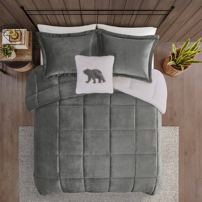 GDF Studio - Alton Plush to Sherpa Down Alternative Comforter Set - Charcoal & Ivory