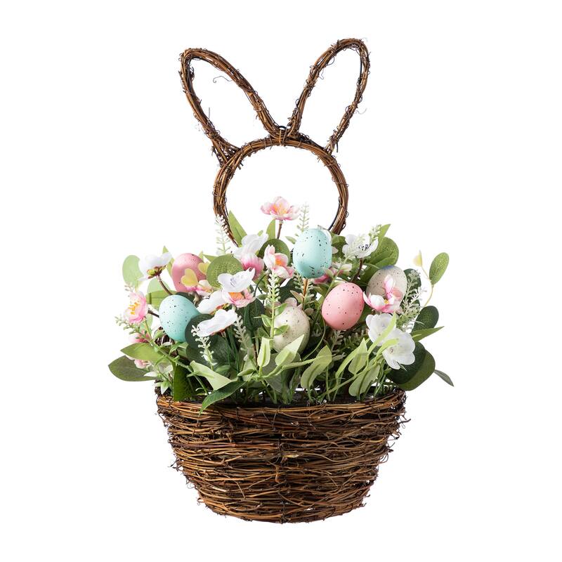 Glitzhome Easter Bunny Shaped Wreath with Eggs Satin Ribbon Bow Basket