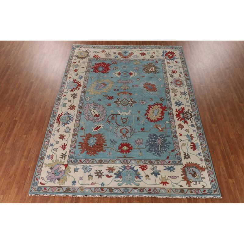 Light Blue Oushak Area Rug Handmade Wool Carpet - 9'0" x 11'9"