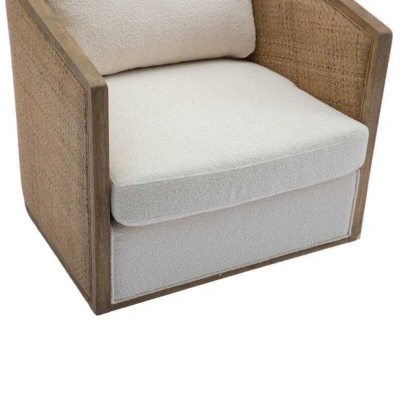 Swivel Barrel Chair with Rattan Design, Leather Accent Sofa Chair, Club Chair with Pillow, Leisure Arm Chair for Living Room