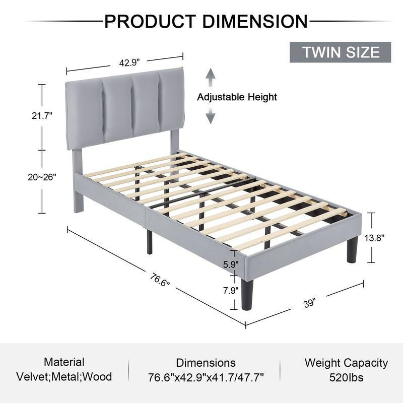 Javlergo Velvet Upholstered Platform Bed Frame with Adjustable Headboard
