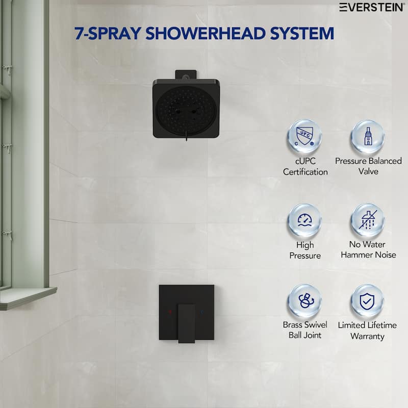 Square Shower System with 7 Spray Modes and Pressure Balance Valve