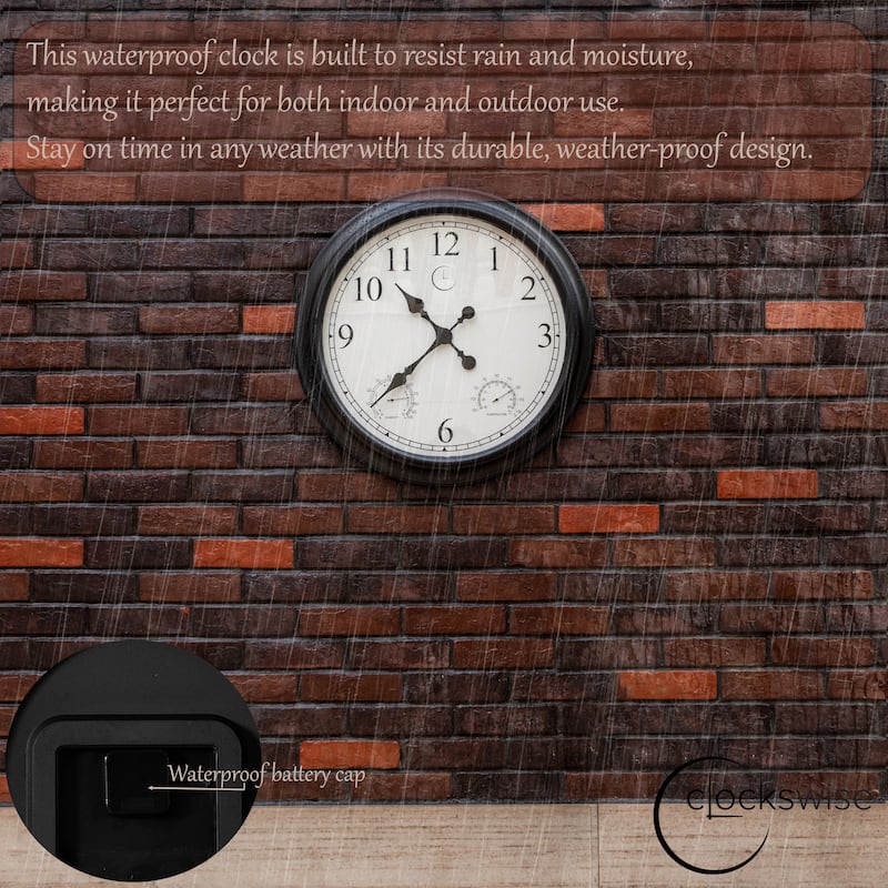 Large Outdoor Wall Clock Thermometer Combo, Waterproof Silent Garden Weather Station Home Indoor Patio Pool Black