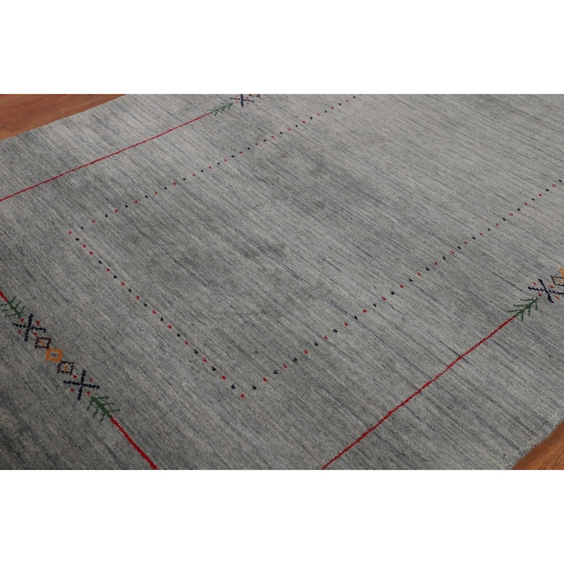 Gray & Green Striped Gabbeh Indian Area Rug Hand-Knotted Wool Carpet - 4'11"x 7'10"