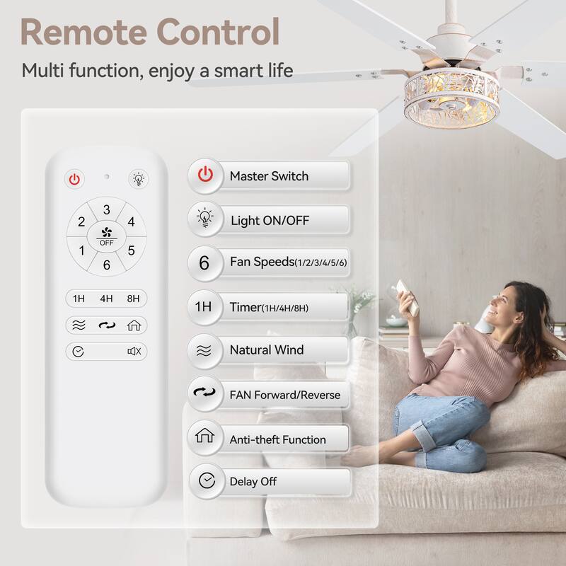 2 Set 46" Distressed White Caged Ceiling Fan with Light and Remote(6-Blade)