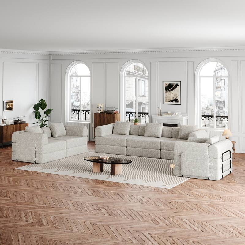 Freely Combined Modular Chenille Folding Sofa with Storage Pockets - Beige