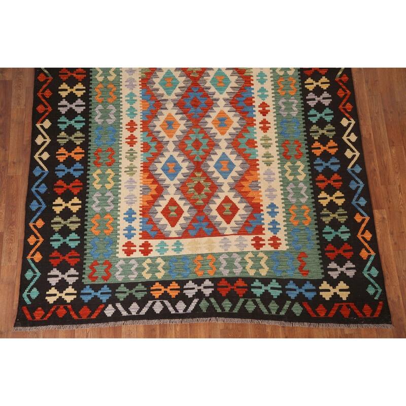 Hand Woven Oriental 100% Wool Carpet Southwestern Geometric Multi-Colored Kilim Area Rug - 9' 10'' X 7' 0''