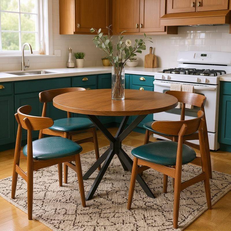 Grondin Modern Farmhouse Style 38.6“ Round Dining Table with 1.18" Thick MDF Tabletop and Pedestal Cross Metal Legs