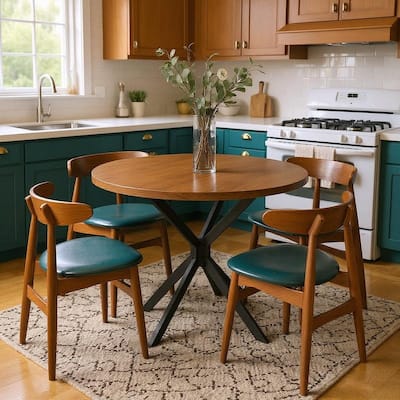 Grondin Modern Farmhouse Style 38.6“ Round Dining Table with 1.18" Thick MDF Tabletop and Pedestal Cross Metal Legs