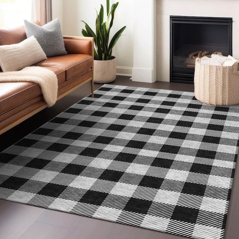 Machine Washable Indoor/ Outdoor Chantille Plaid Stripe Rug