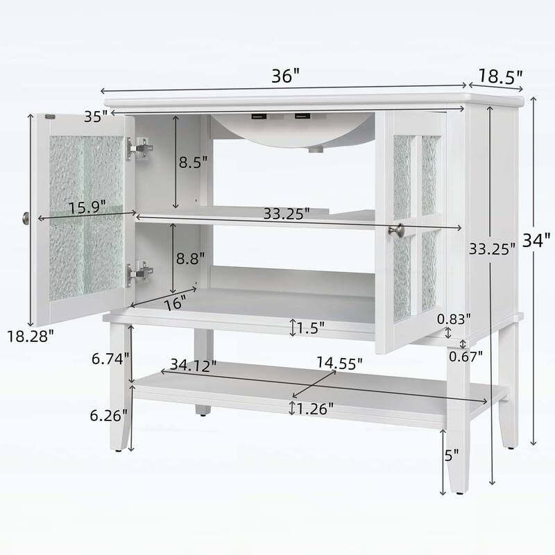 36 Inch Bathroom Vanity with Ceramic Sink,Adjustable and Open Shelves,Wood Legs