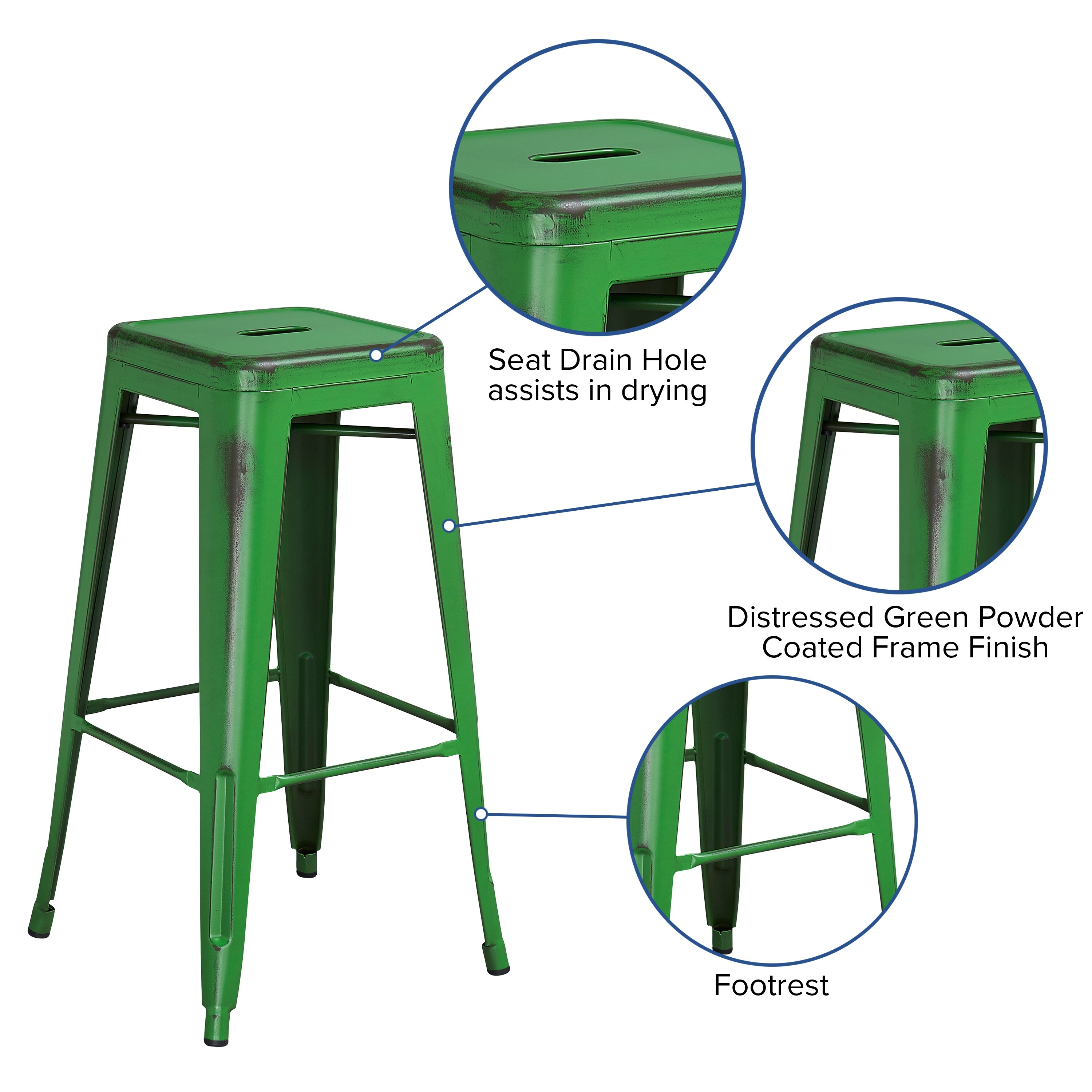 30'' HIGH BACKLESS DISTRESSED GREEN METAL INDOOR BARSTOOL 