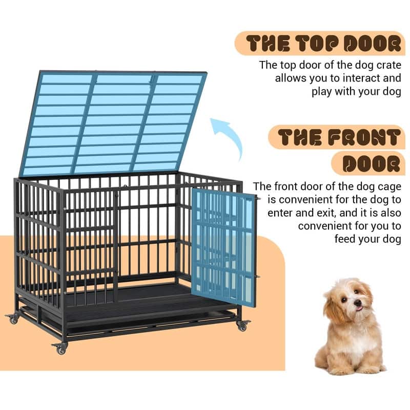 Heavy Duty Dog Crate withDouble Door Wheels ChewProof Metal Kennel for Small Dogs Easy to Assemble