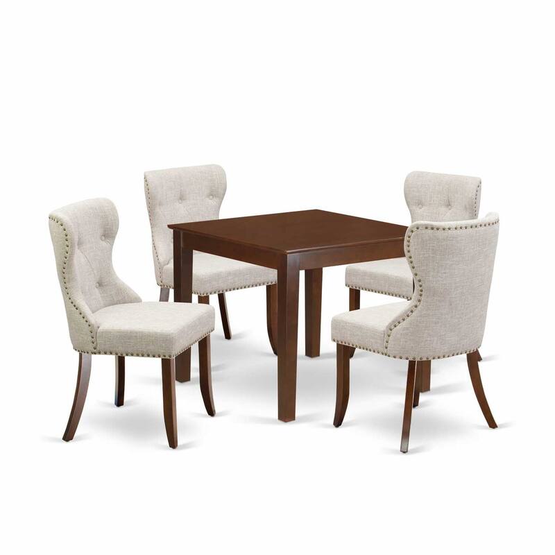 Kitchen Dining Set 4 Chairs & Square Table - Linen Fabric, Mahogany Finish - Modern Dining Room Furniture