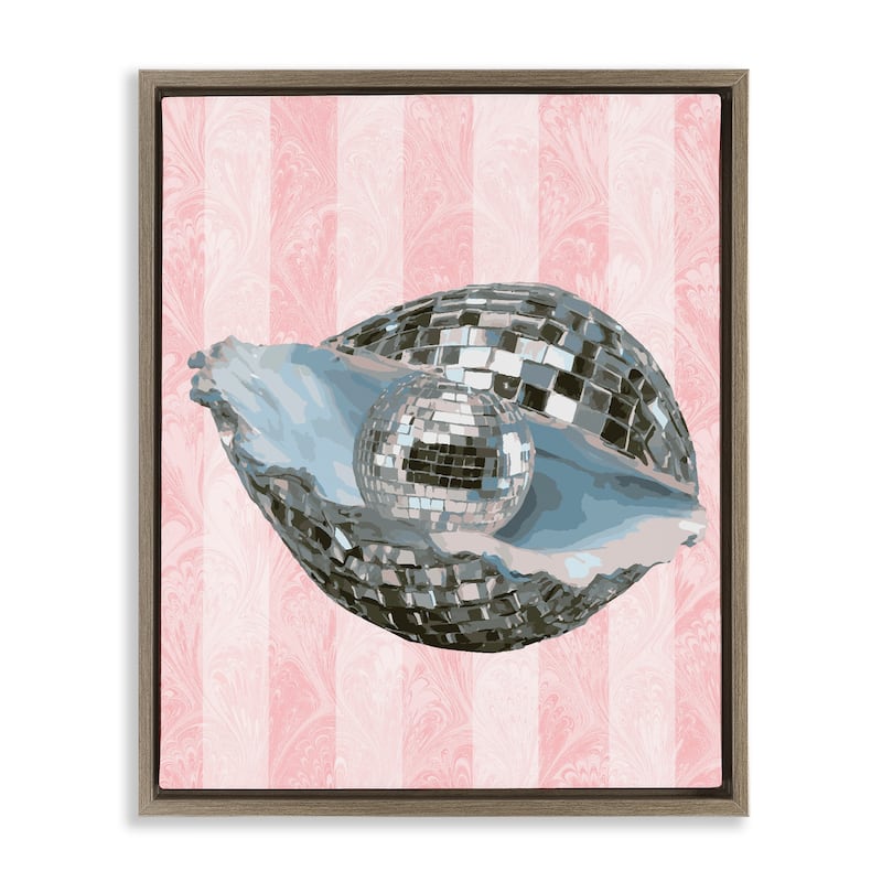 Stupell Disco Oyster on Stripes Framed Floater Canvas Wall Art Design By Lil' Rue - 17 x 21 - Brown