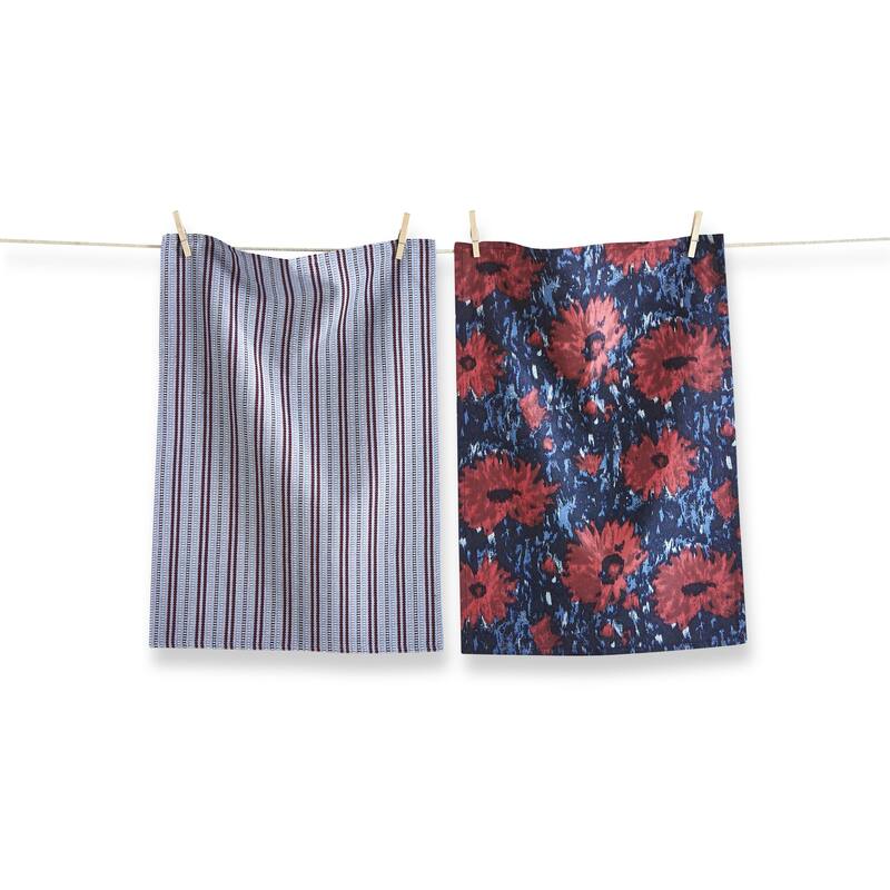 Set of 2 Weekend Dahlia Bright Red Flowers on Blue Background with Blue Stripe Cotton Kitchen Dishtowels 26L x 18W in.