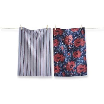 Set of 2 Weekend Dahlia Bright Red Flowers on Blue Background with Blue Stripe Cotton Kitchen Dishtowels 26L x 18W in.