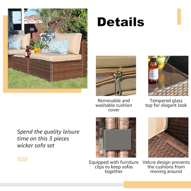 3-Piece Patio Modular Sofa Wicker Armless Chairs with Coffee Table