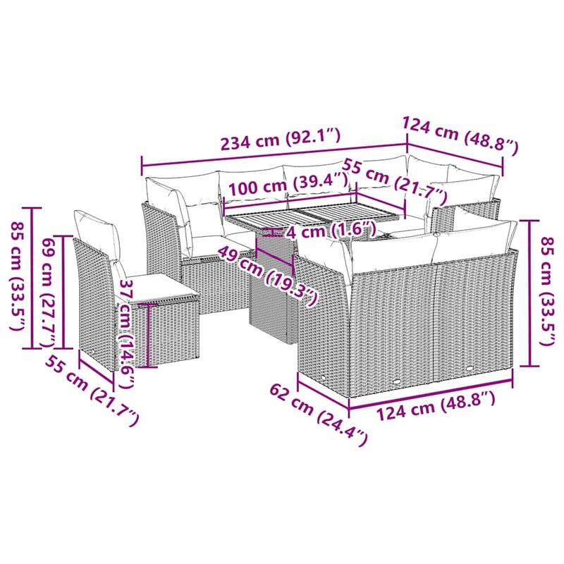 vidaXL Patio Sofa Set with Cushions Table and Lounge Seats 9 Piece Poly Rattan - 21.7 x 39.4 x 28.7