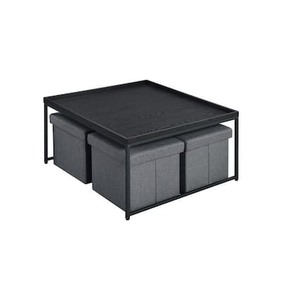 Veny 5 Piece Coffee Table Set, 4 Storage Nesting Ottoman, Gray and Black