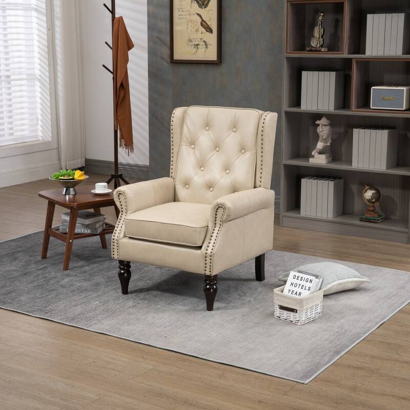 PU Leather Accent Chair,Mid-Century Upholstered Living Room Armchair,Beige