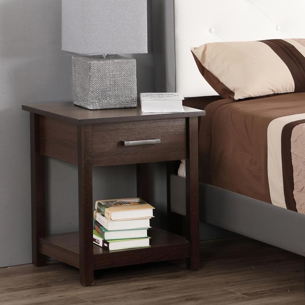 Modern and stylish solid wood nightstand with open storage shelves and one drawer