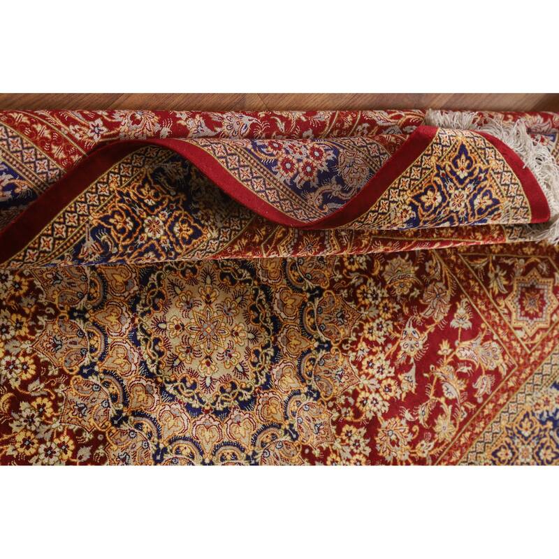 Hand Knotted Oriental Silk Carpet Traditional Floral Red Qum Area Rug - 4' 10'' X 3' 3''