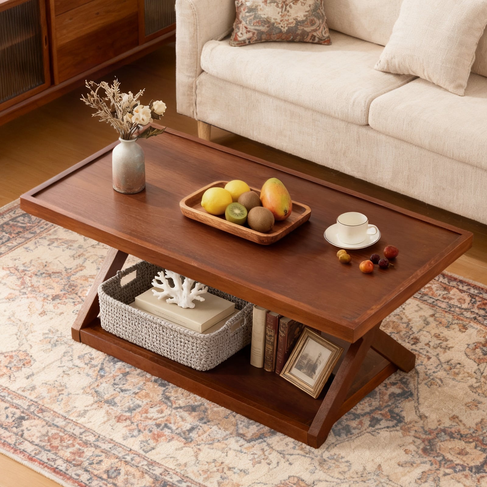 2-Tier Rectangular Solid Oak Wood Coffee Table with Cross Legs
