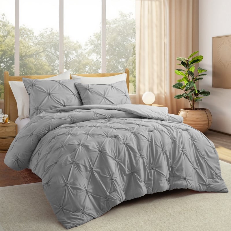 3 Piece Reversible Pintuck Pinch Pleat Comforter Set, Bedding Set for All Season - Dark Gray - Twin