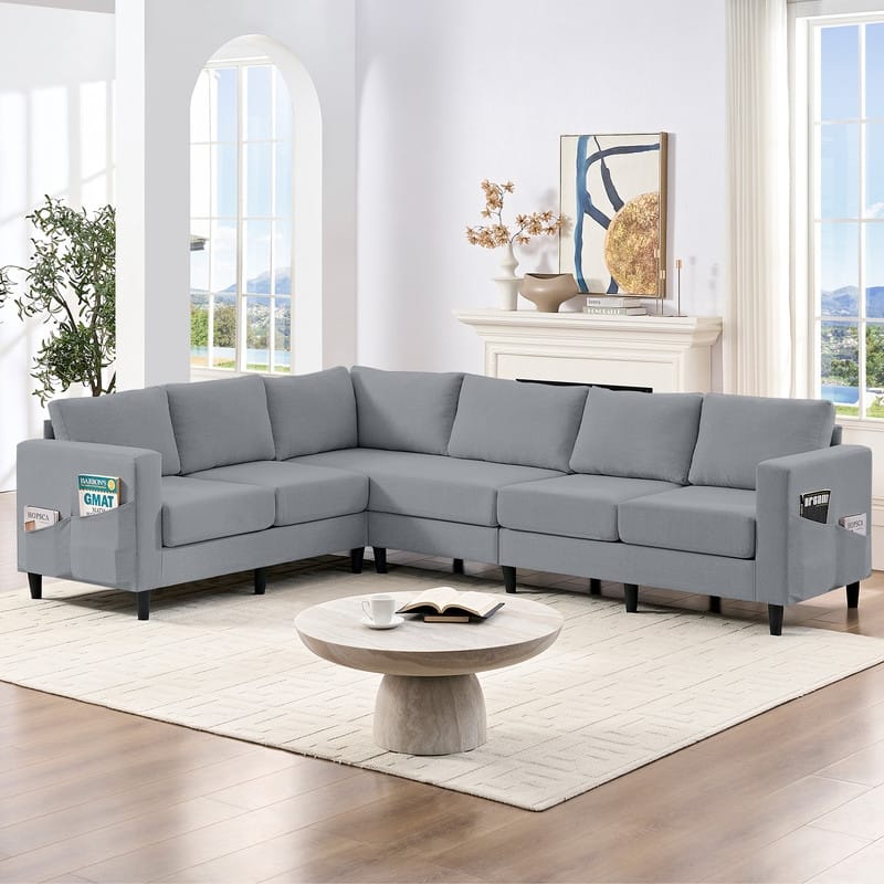 Mixoy 108" Linen Oversized Modular Sectional Sofa,L-Shaped Sectional Sofas with Side Pocket,Large 6 Seater Corner Sofa - Light Grey - Symmetrical